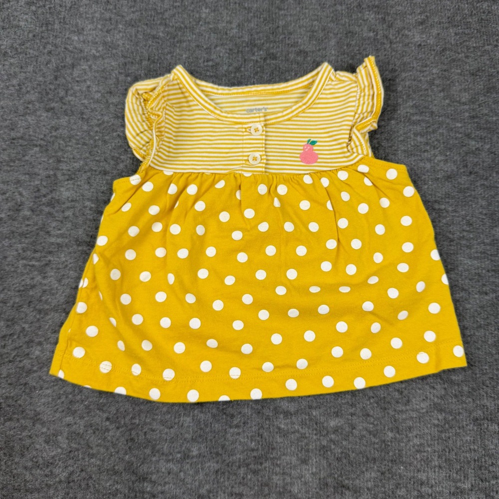 Carter's Top Baby Girl 9M Yellow Polka Dot Striped Flutter Sleeve Pear Accent
